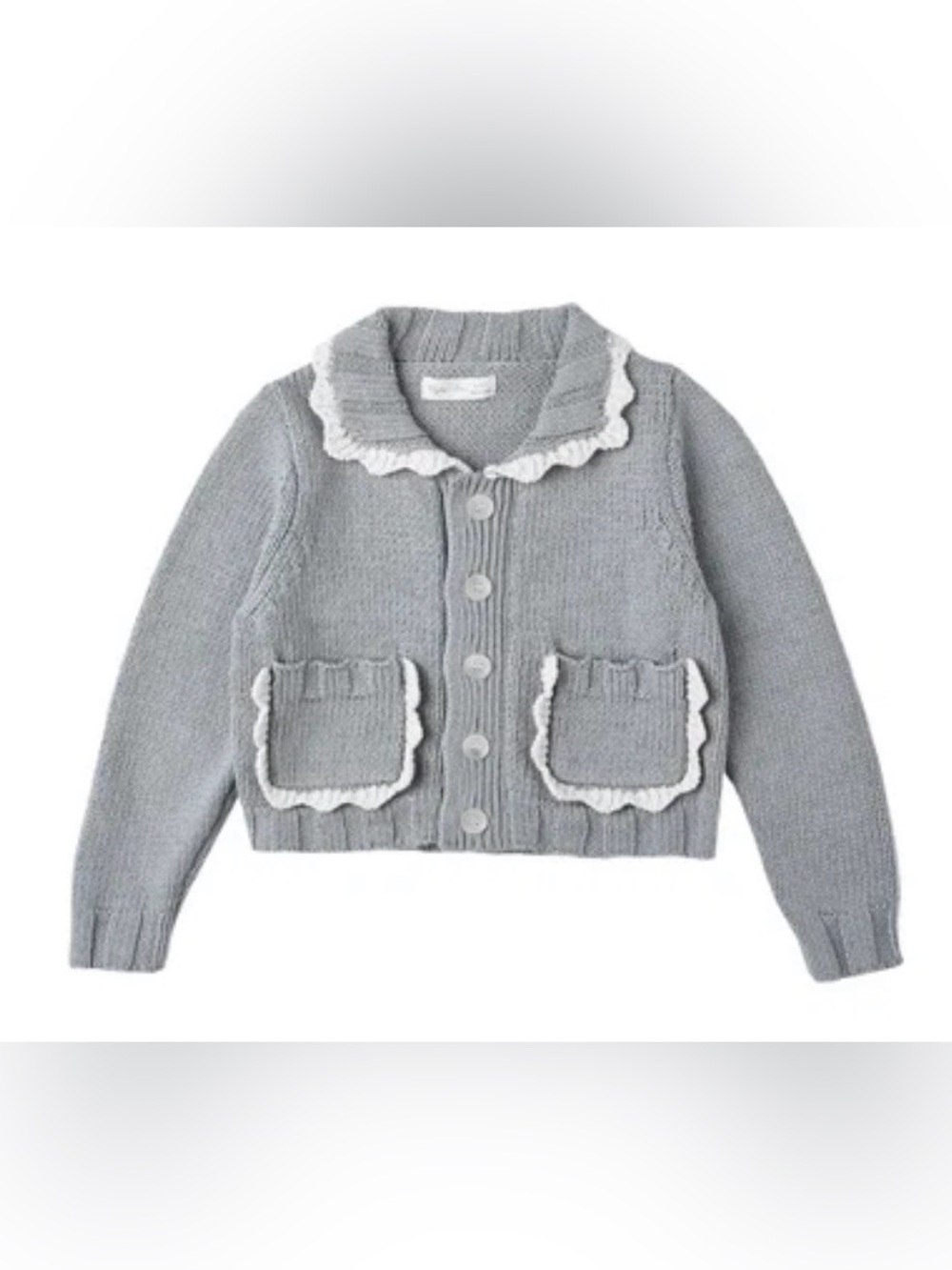 Rylee + Cru Grey Knit Cardigan with White Scalloped Trim